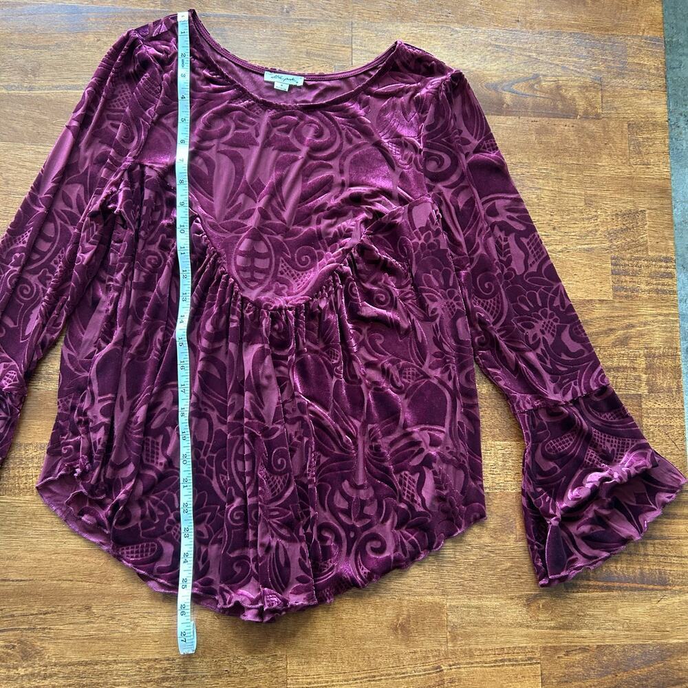 Ultra Pink Boho Velvet Tunic Top – Bell Sleeves in Deep Burgundy size M - Picture 4 of 9